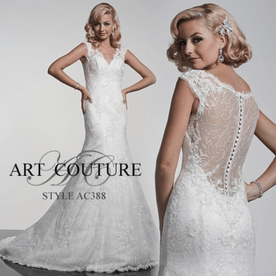 Nydelig helblonde brudekjole med nydelig blonde. Diskret gnistrende stener over. Havfrue Brudekjole med blonderygg Art Couture AC388 - ABELONE.NO