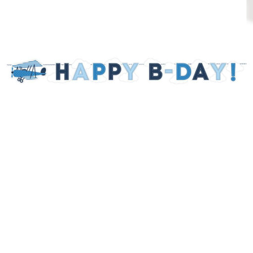 Søt bursdagsbanner med fly og søt skrift i blått. Happy Birthday Banner ABELONE.NO