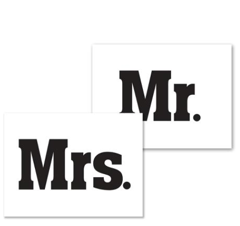 Klistremerker til brudeparet med påskriften Mr. og Mrs.