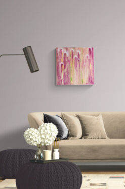Maleri "Visitors" 50x50 cm. Akrylmaleri i rosa med gull.