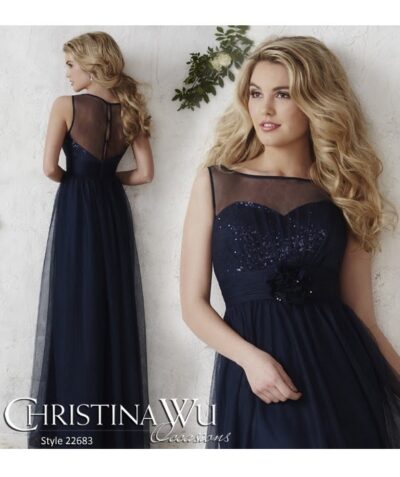 MarineblÃ¥ kjole med skulderstropper og tyll. ABELONE.NO