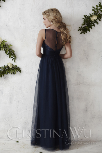 Alternative view of Marineblå kjole med skulderstropper og tyll. Str 40