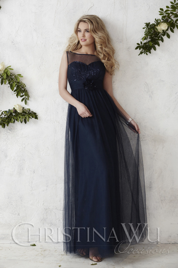 Marineblå kjole med skulderstropper og tyll